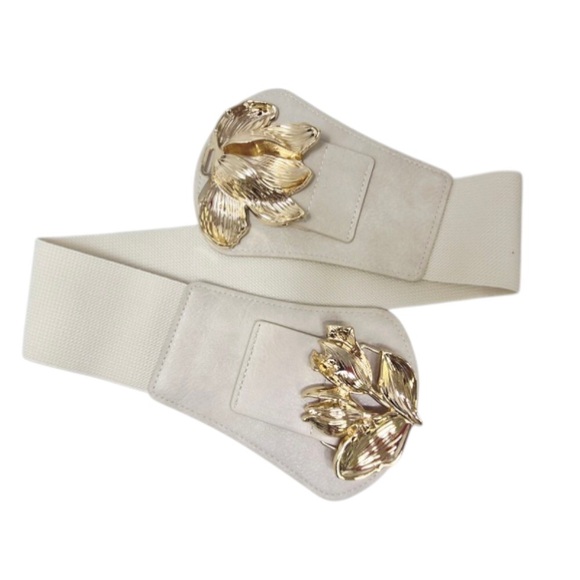 Gold or Silver Metal Floral Buckle Accent Wide Stretch Elastic Statement Belt main image 11